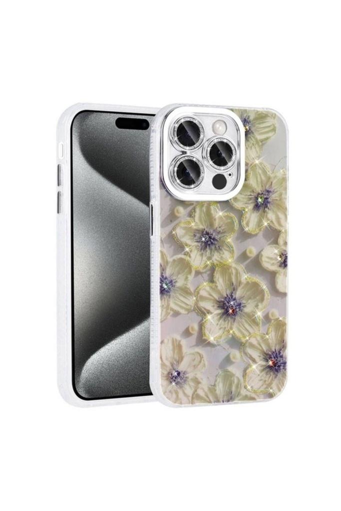 [RNZ-TA103995] Apple iPhone 15 Pro Max Uyumlu Kılıf Çiçek Desenli Parlak Taşlı Sert Silikon Zore Garden Kapak (Mavi)