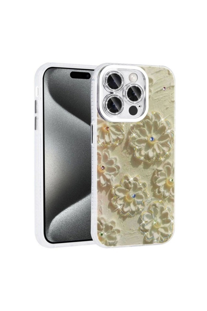 Apple iPhone 14 Pro Max Uyumlu Kılıf Çiçek Desenli Parlak Taşlı Sert Silikon Zore Garden Kapak