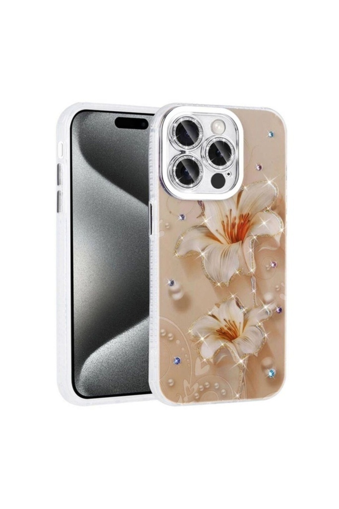Apple iPhone 14 Pro Max Uyumlu Kılıf Çiçek Desenli Parlak Taşlı Sert Silikon Zore Garden Kapak