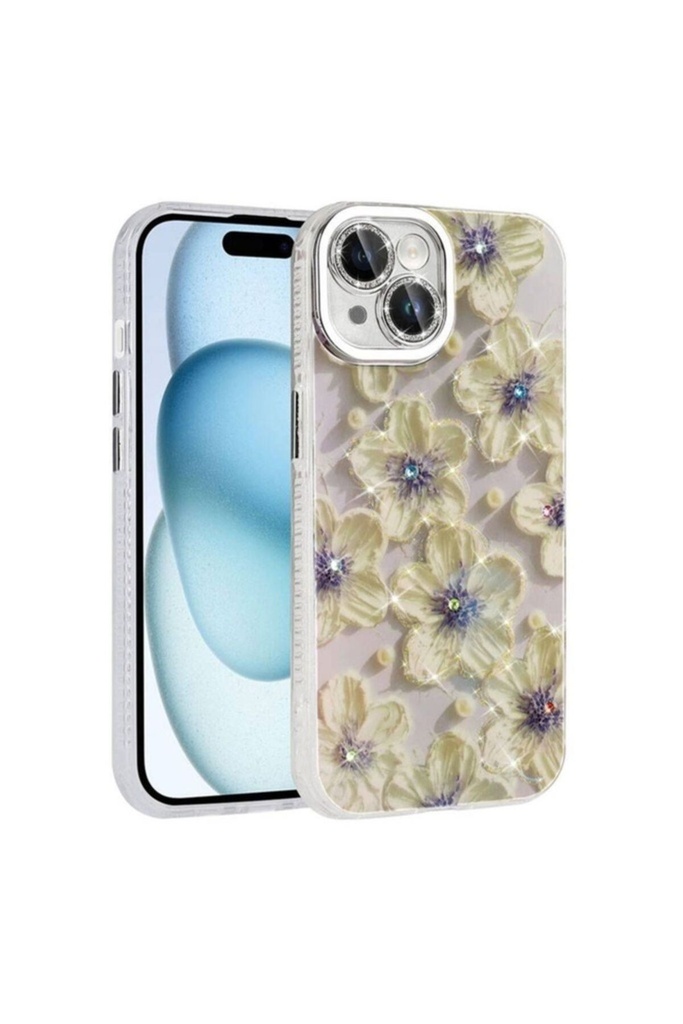 [RNZ-TA103984] Apple iPhone 15 Uyumlu Kılıf Çiçek Desenli Parlak Taşlı Sert Silikon Zore Garden Kapak (Mavi)