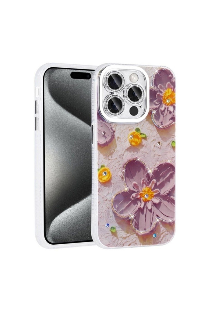 Apple iPhone 15 Pro Uyumlu Kılıf Çiçek Desenli Parlak Taşlı Sert Silikon Zore Garden Kapak