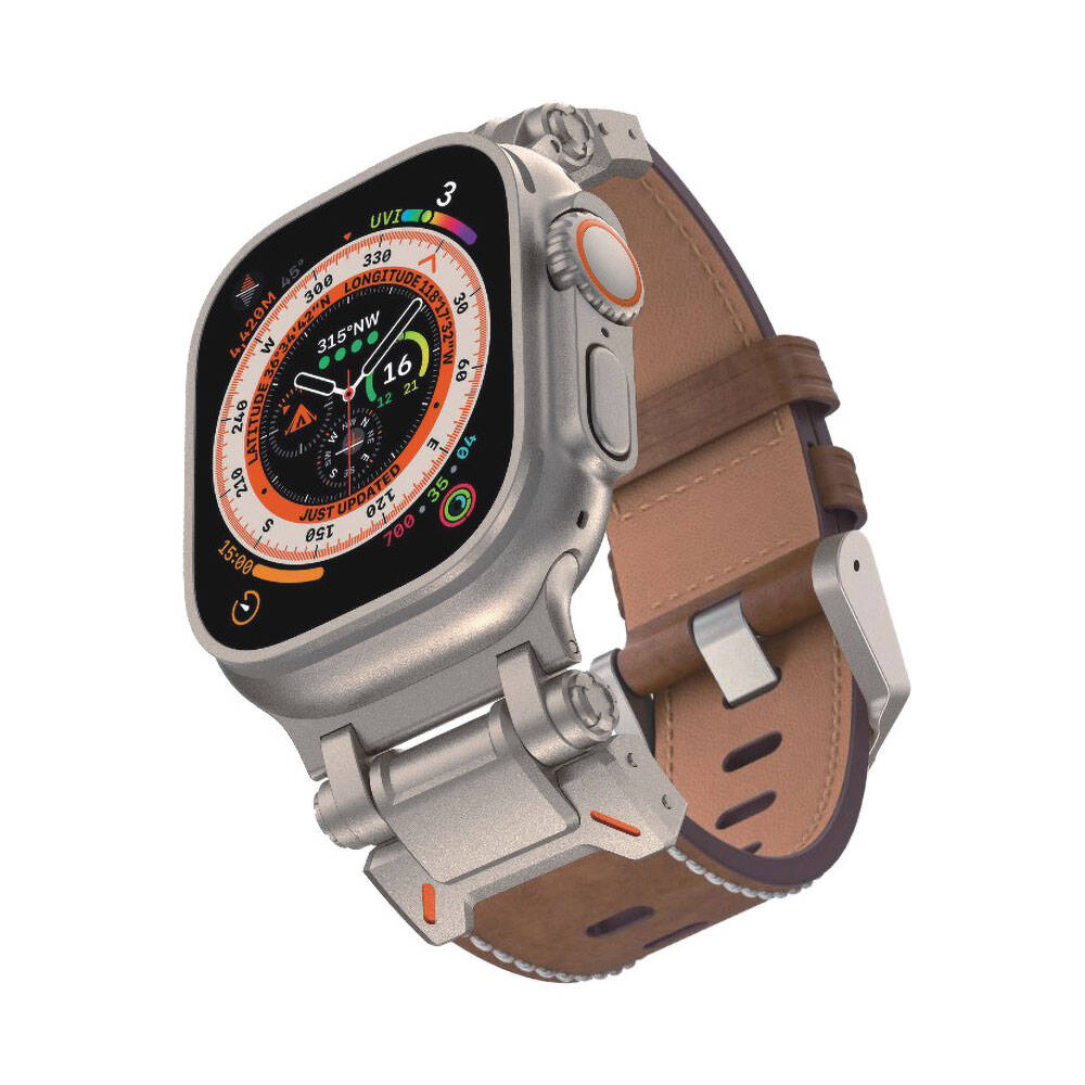 Apple Watch 7 45mm Uyumlu Kordon Suni Deri Metal Başlıklı Zore KRD-114 Kayış
