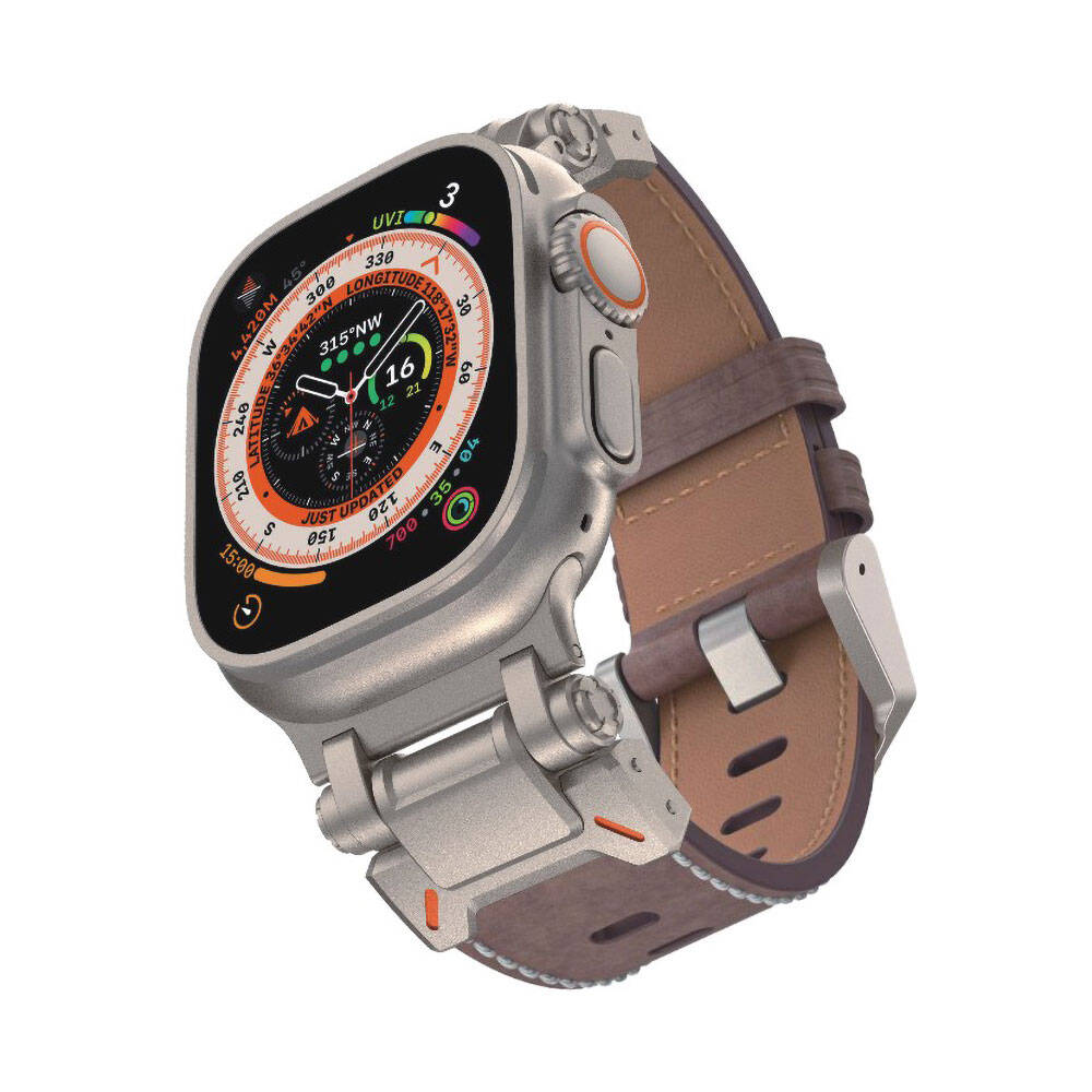 Apple Watch 7 45mm Uyumlu Kordon Suni Deri Metal Başlıklı Zore KRD-114 Kayış