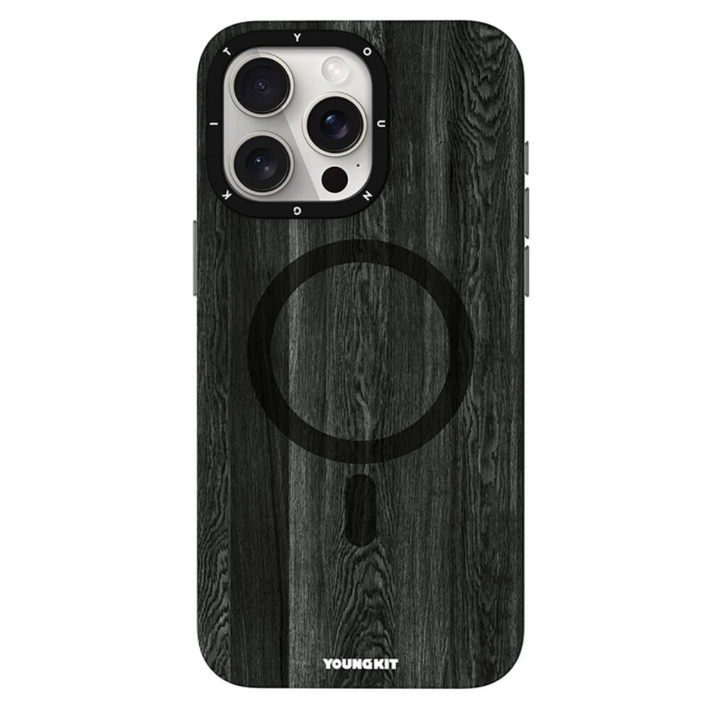 [RNZ-TA103862] Apple iPhone 15 Pro Max Uyumlu Kılıf M-safe Şarj Özellikli Sararmaya Dayanıklı Youngkit Wood Forest Serisi Kapak (Siyah)