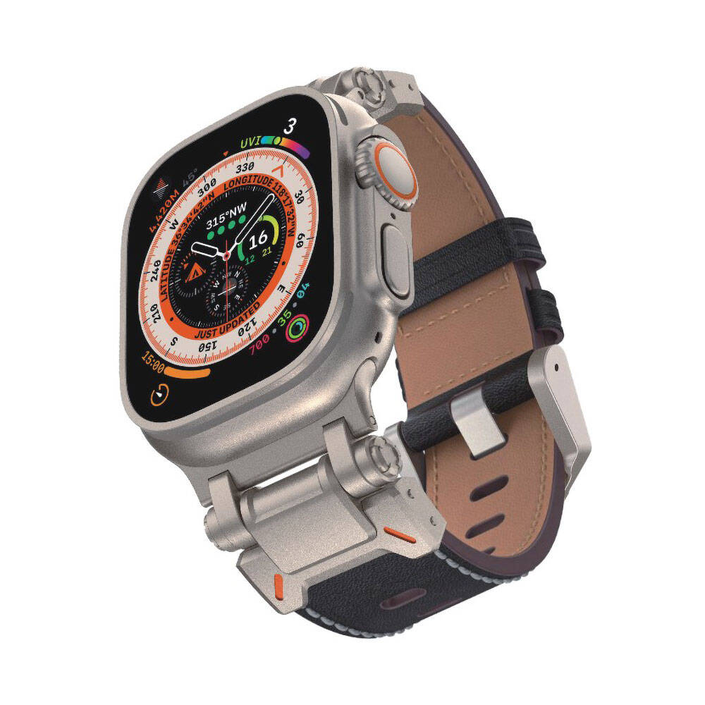 [RNZ-TA104096] Apple Watch Ultra 49mm Uyumlu Kordon Suni Deri Metal Başlıklı Zore KRD-114 Kayış (Siyah)