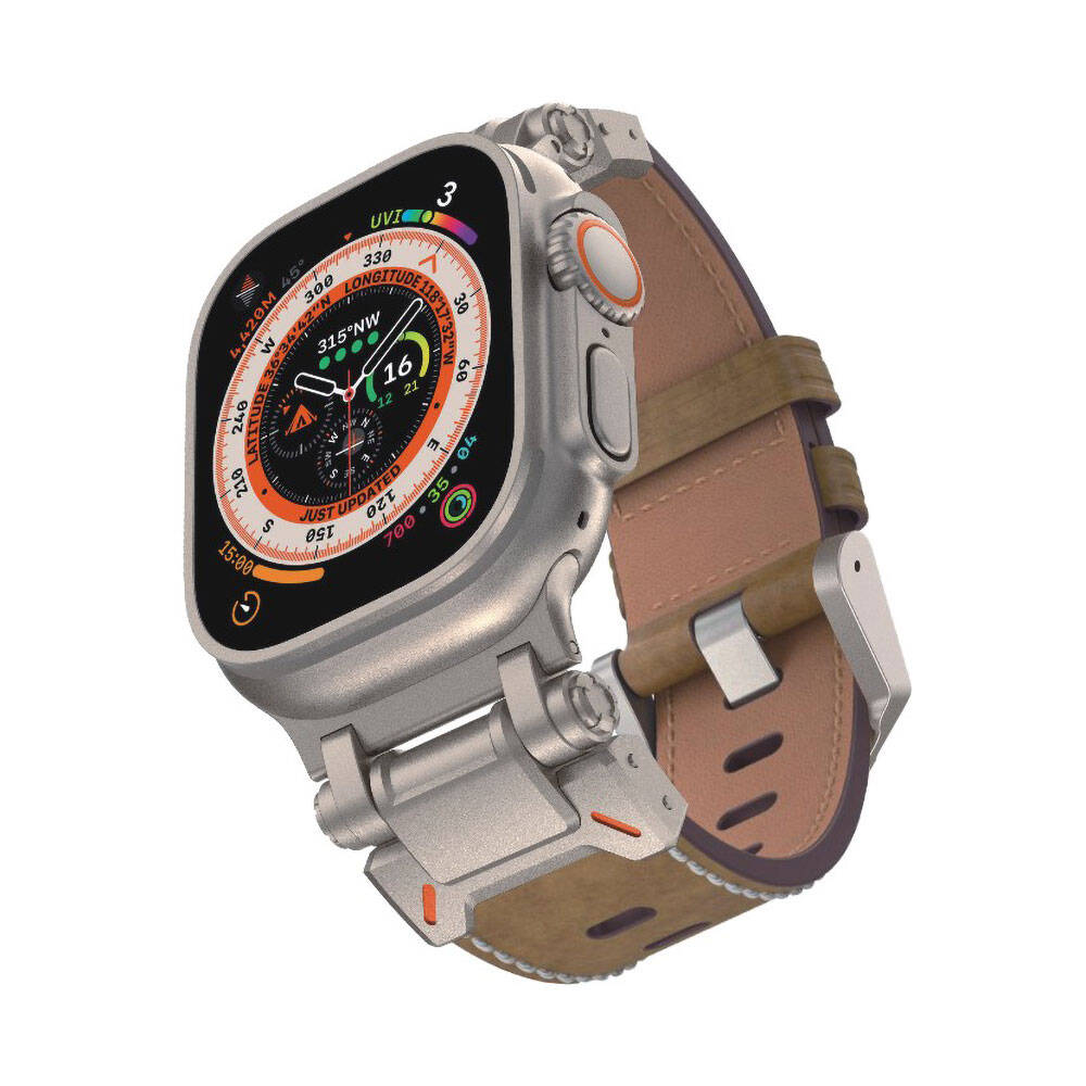 Apple Watch Ultra 49mm Uyumlu Kordon Suni Deri Metal Başlıklı Zore KRD-114 Kayış