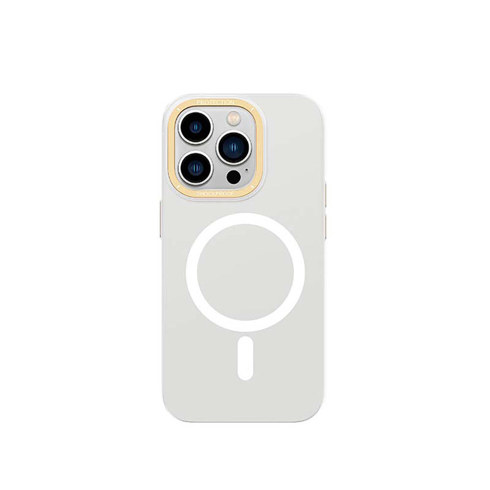 Apple iPhone 14 Pro Max Uyumlu Kılıf M-safe Şarj Özellikli Metal Kamera Çerçeveli Recci Glaze Serisi Kapak