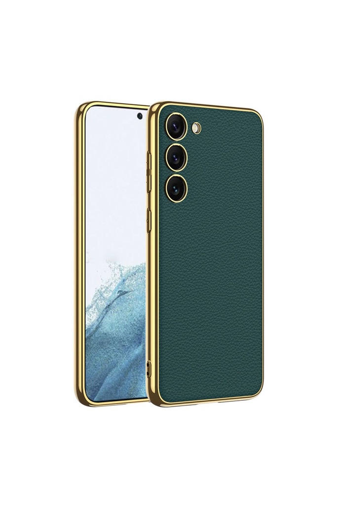 Samsung Galaxy S23 Uyumlu Kılıf Deri Görünümlü Kenarları Elektroplating Kaplama Zore Fizyon Kapak