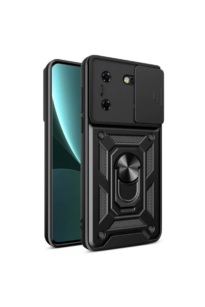[RNZ-TA104779] Tecno Pova 5 Uyumlu Kılıf Magnetik Standlı Kamera Korumalı Zore Sürgülü Vega Kapak (Siyah)
