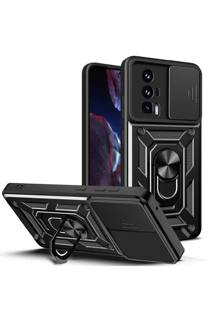 [RNZ-TA104757] Xiaomi Poco F5 Pro Uyumlu Kılıf Magnetik Standlı Kamera Korumalı Zore Sürgülü Vega Kapak (Siyah)