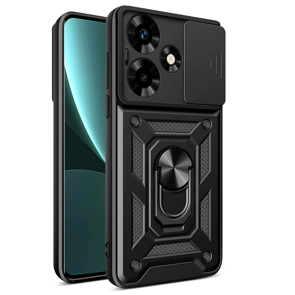 [RNZ-TA104698] Infinix Hot 30 Uyumlu Kılıf Magnetik Standlı Kamera Korumalı Zore Sürgülü Vega Kapak (Siyah)