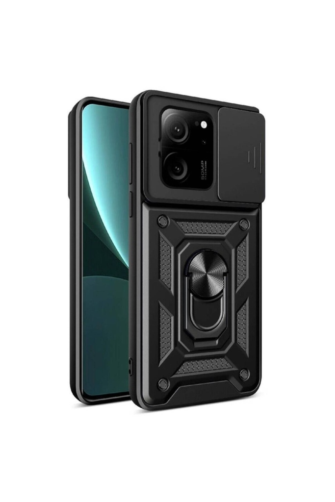 [RNZ-TA104742] Xiaomi Mi 13T Pro Uyumlu Kılıf Magnetik Standlı Kamera Korumalı Zore Sürgülü Vega Kapak (Siyah)
