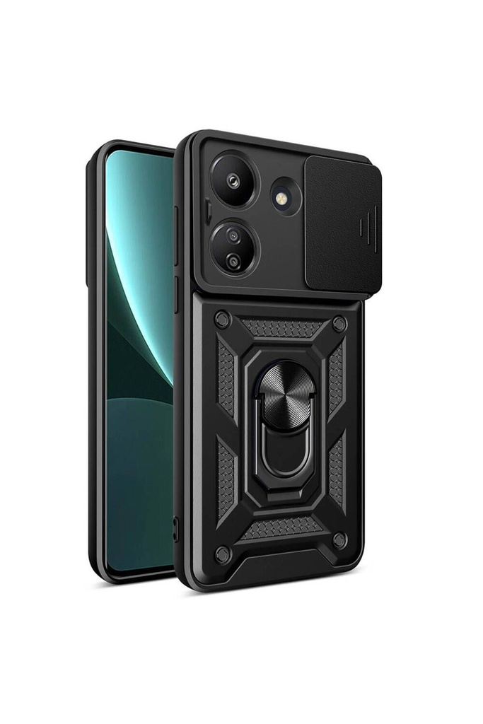[RNZ-TA104744] Xiaomi Redmi 13C Uyumlu Kılıf Magnetik Standlı Kamera Korumalı Zore Sürgülü Vega Kapak (Siyah)