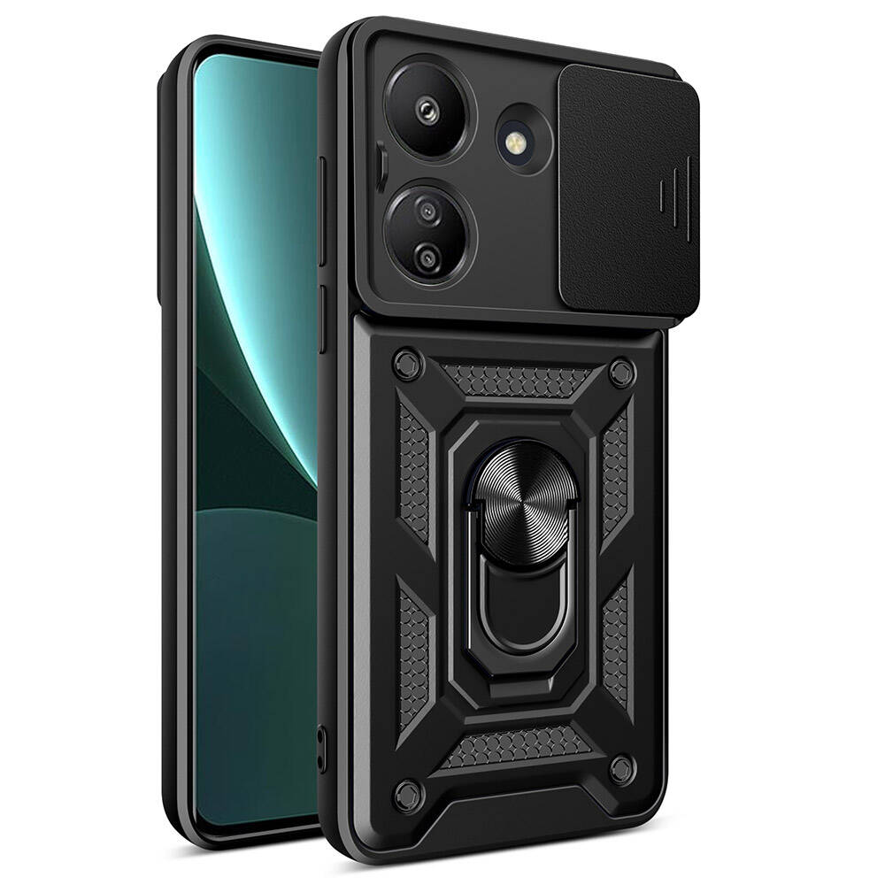 [RNZ-TA104840] Xiaomi Poco C65 Uyumlu Kılıf Magnetik Standlı Kamera Korumalı Zore Sürgülü Vega Kapak (Siyah)