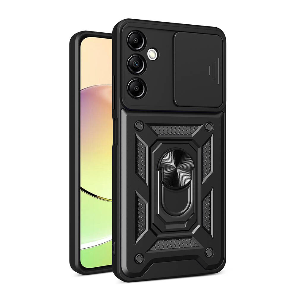 [RNZ-TA104759] Samsung Galaxy A14 Uyumlu Kılıf Magnetik Standlı Kamera Korumalı Zore Sürgülü Vega Kapak (Siyah)