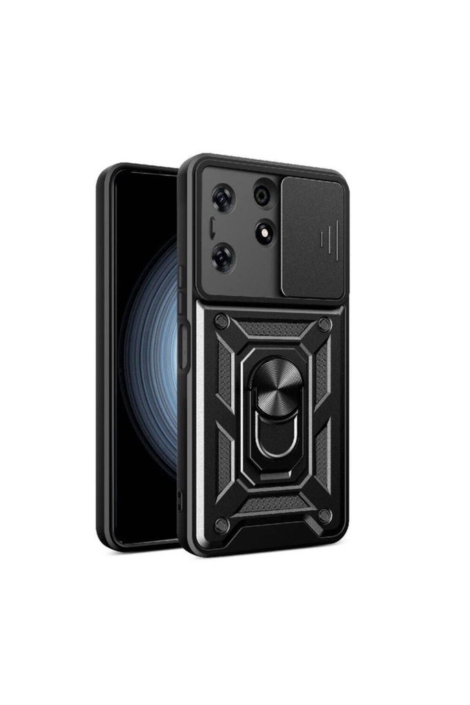 [RNZ-TA104785] Tecno Spark 10 Pro Uyumlu Kılıf Magnetik Standlı Kamera Korumalı Zore Sürgülü Vega Kapak (Siyah)