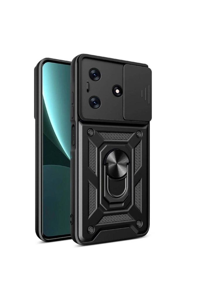 [RNZ-TA104783] Tecno Spark 10C Uyumlu Kılıf Magnetik Standlı Kamera Korumalı Zore Sürgülü Vega Kapak (Siyah)
