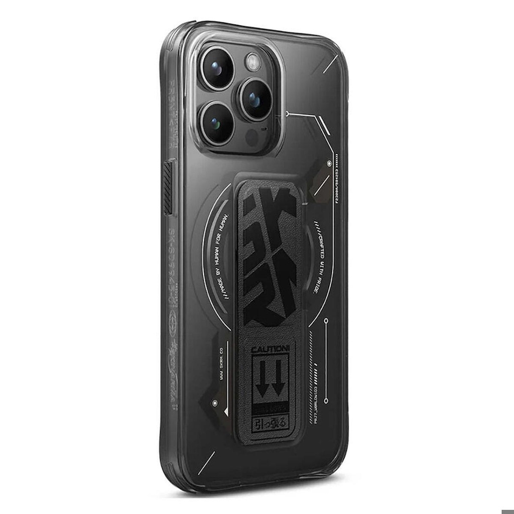 [ZTA106069] Apple iPhone 15 Pro Max Uyumlu Kılıf M-safe Şarj Özellikli Teknoloji Desenli Standlı Skinarma Helio Kapak (Siyah)