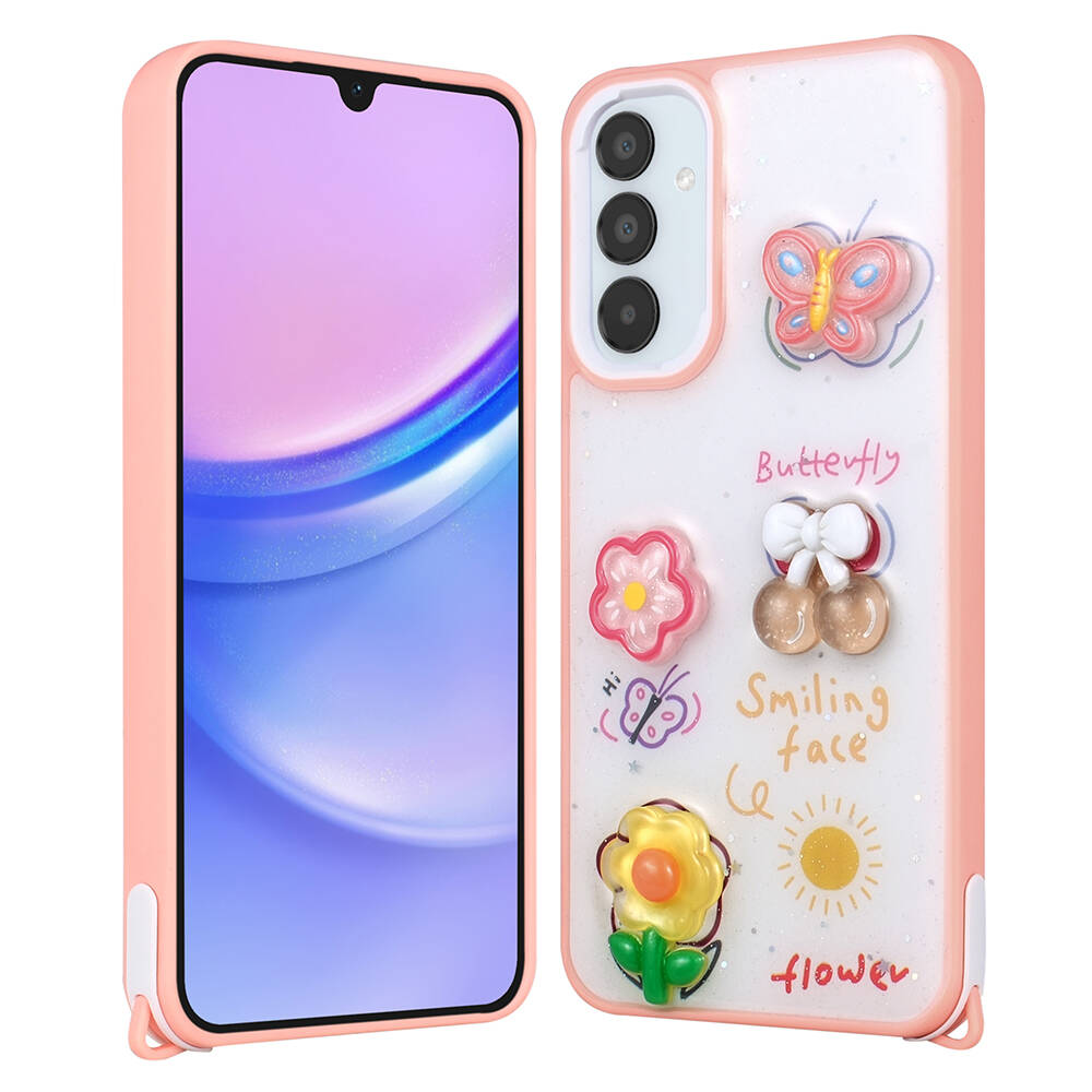 [RNZ-TA105052] Samsung Galaxy A05S Uyumlu Kılıf Parlayan Simli Kabartma Figürlü Zore Cevze Kapak (Pembe)