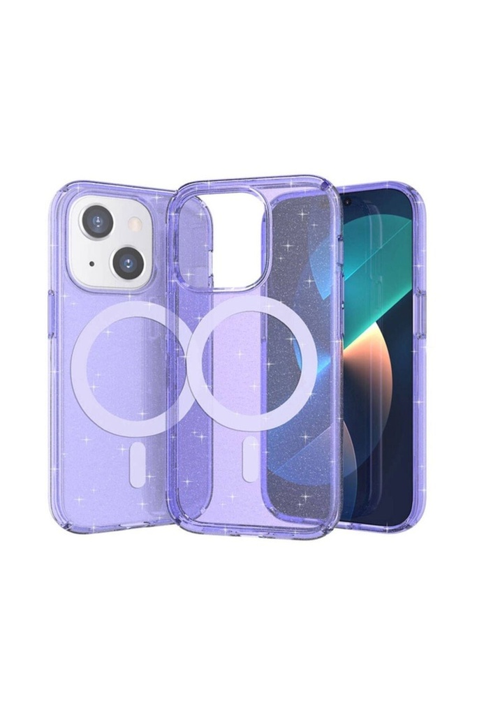 [RNZ-TA104594] Apple iPhone 13 Uyumlu Kılıf M-safe Şarj Özellikli Parlayan Simli Saydam Renkli Zore Allstar Kapak (Mor)