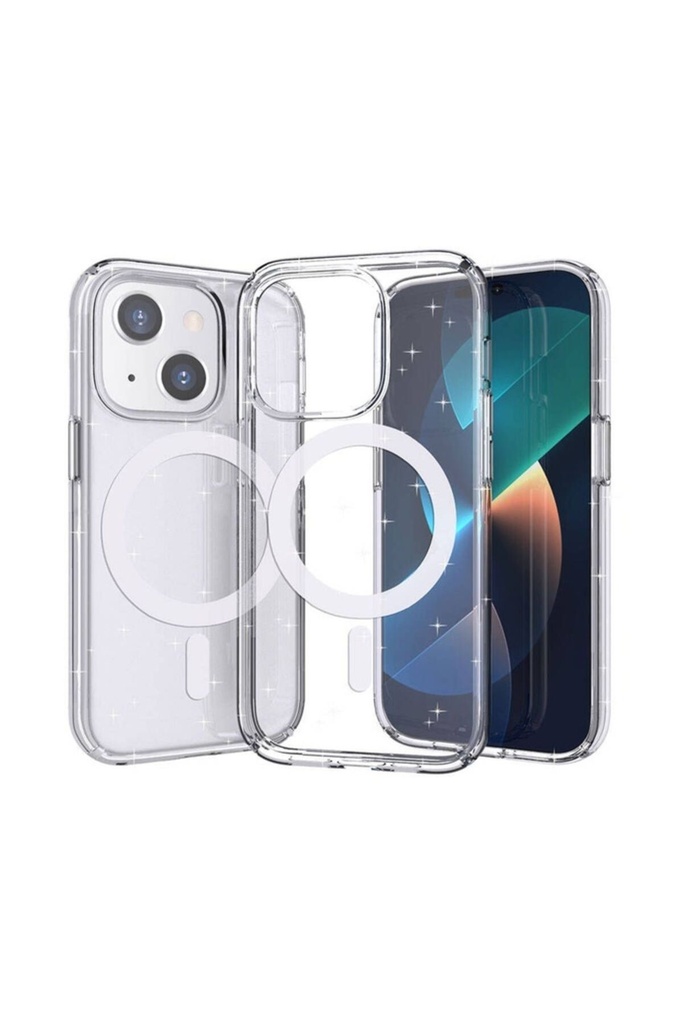Apple iPhone 14 Uyumlu Kılıf M-safe Şarj Özellikli Parlayan Simli Saydam Renkli Zore Allstar Kapak