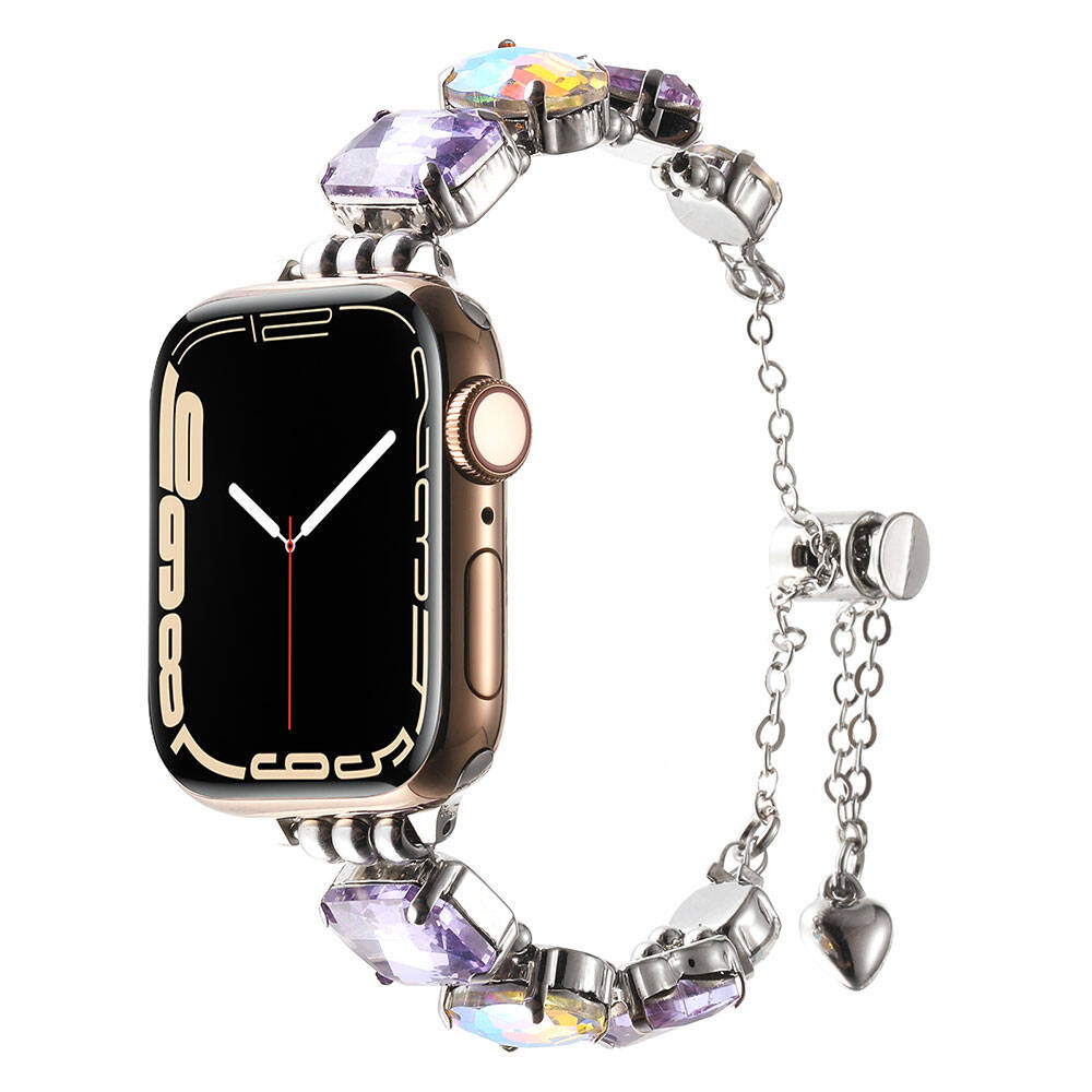 [RNZ-TA105622] Apple Watch 7 45mm Uyumlu Kordon Metal Renkli Taşlı Bileklik Model Zore KRD-115 Kayış (Lila)