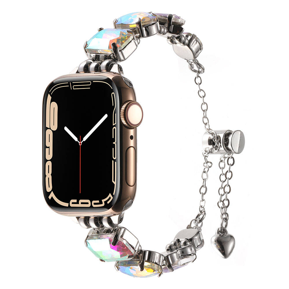 Apple Watch 7 41mm Uyumlu Kordon Metal Renkli Taşlı Bileklik Model Zore KRD-115 Kayış