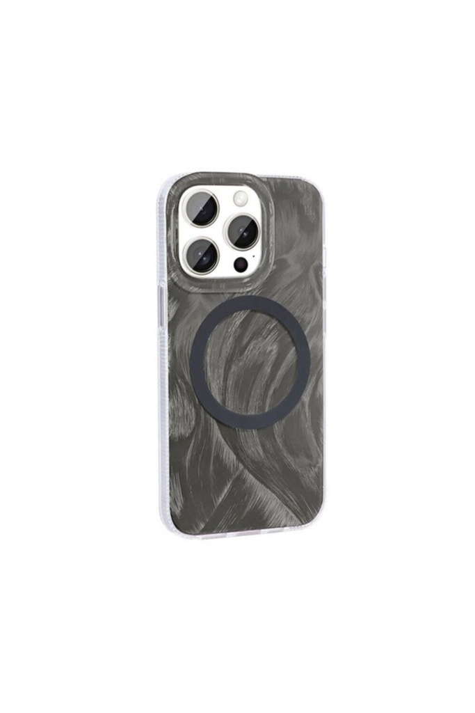 [RNZ-TA105278] Apple iPhone 15 Pro Max Uyumlu Kılıf M-safe Şarj Özellikli Fırça Boya Desenli Zore Palet Kapak (Gri)