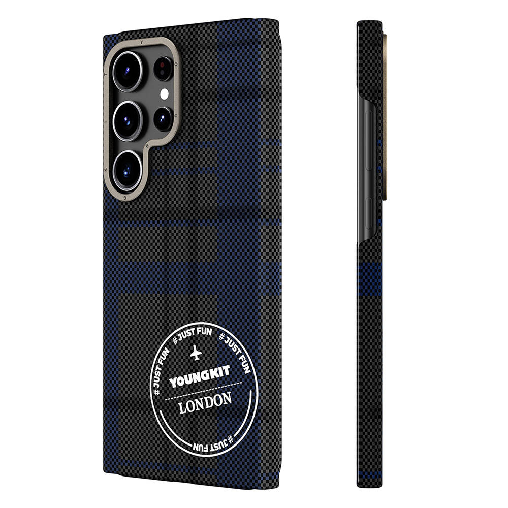 [RNZ-TA105465] Samsung Galaxy S24 Ultra Uyumlu Kılıf Ekose Desenli Youngkit Gezhi Serisi Kapak (Mavi)
