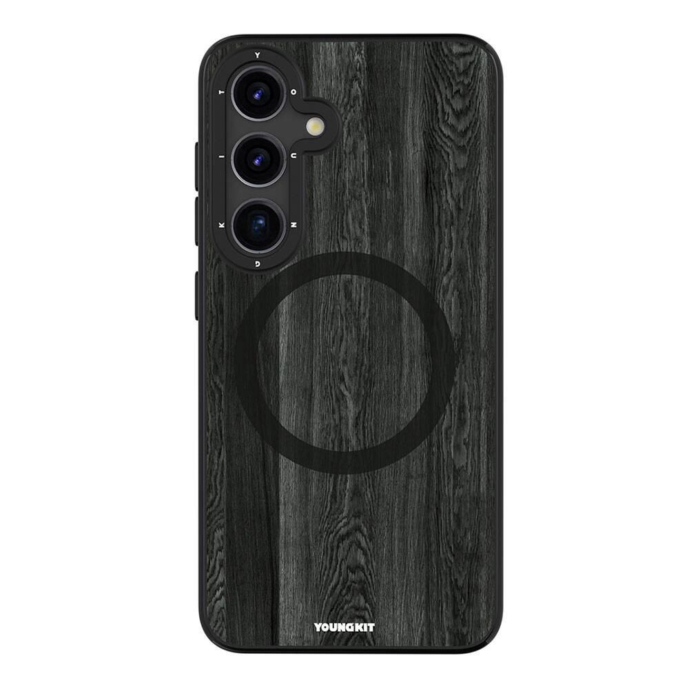 [RNZ-TA105468] Samsung Galaxy S24 Uyumlu Kılıf M-safe Şarj Özellikli Sararmaya Dayanıklı Youngkit Wood Forest Serisi Kapak (Siyah)