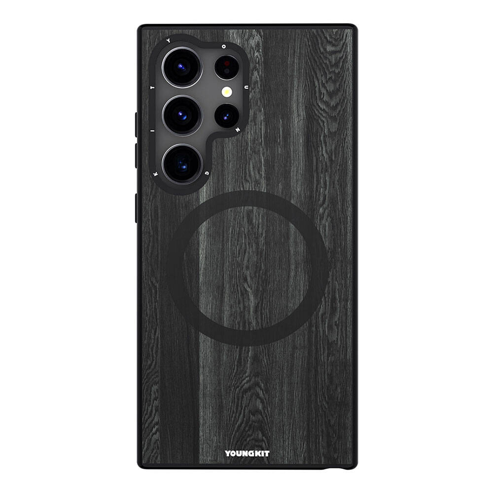 [RNZ-TA105471] Samsung Galaxy S24 Ultra Uyumlu Kılıf M-safe Şarj Özellikli Sararmaya Dayanıklı Youngkit Wood Forest Serisi Kapak (Siyah)