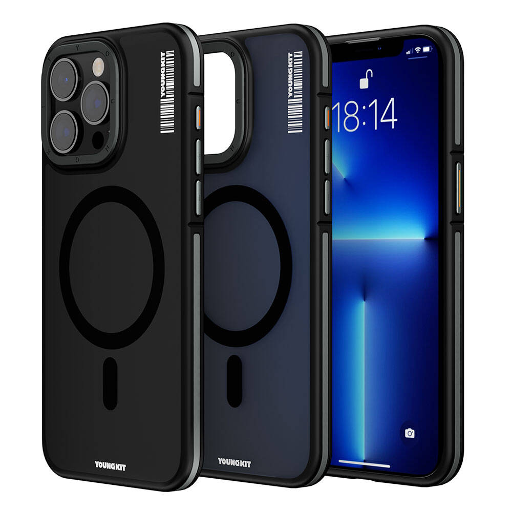 [RNZ-TA105475] Apple iPhone 13 Pro Max Uyumlu Kılıf M-safe Şarj Özellikli Youngkit Rock Sand Serisi Kapak (Siyah)
