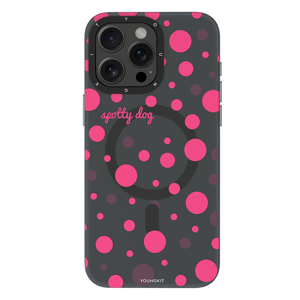[RNZ-TA105492] Apple iPhone 14 Pro Max Uyumlu Kılıf M-safe Şarj Özellikli Polka Dot Desenli Youngkit Spots Serisi Kapak (Gri)