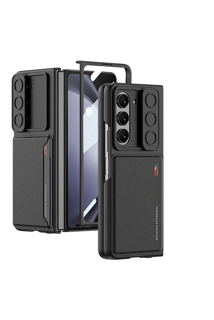 Samsung Galaxy Z Fold 5 Uyumlu Suni Deri Arka Yüzey Sürgülü Kamera Korumalı Zore Kartlıklı Kıpta Silikon Kapak