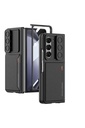 Samsung Galaxy Z Fold 5 Uyumlu Suni Deri Arka Yüzey Sürgülü Kamera Korumalı Zore Kartlıklı Kıpta Silikon Kapak