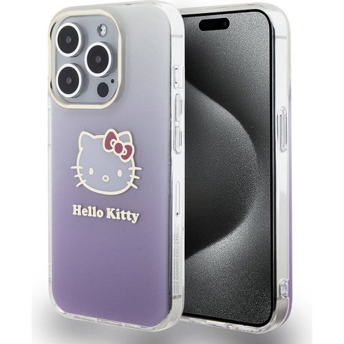 Apple iPhone 15 Pro Uyumlu Kılıf Hello Kitty Orjinal Lisanslı Yazı ve İkonik Logolu Elektroplating Kaplama Gradyan Kapak