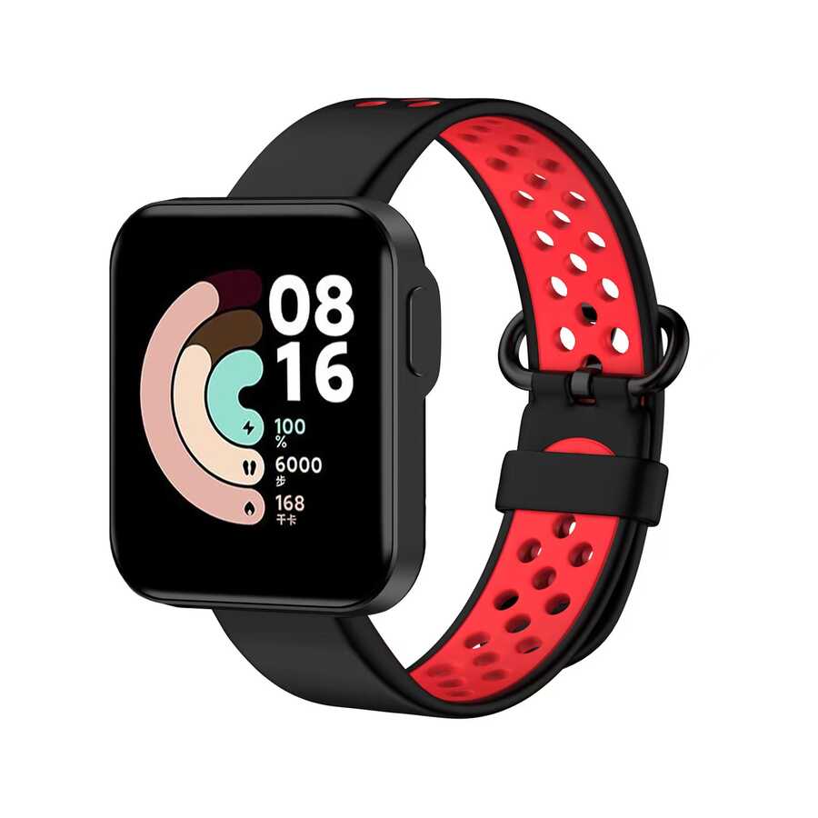 [RNZ-TA74844] Xiaomi Redmi Watch 2 Lite Uyumlu Kordon Silikon Esnek Yumuşak Delikli Spor KRD-02 Kayış (Siyah-Kırmızı)