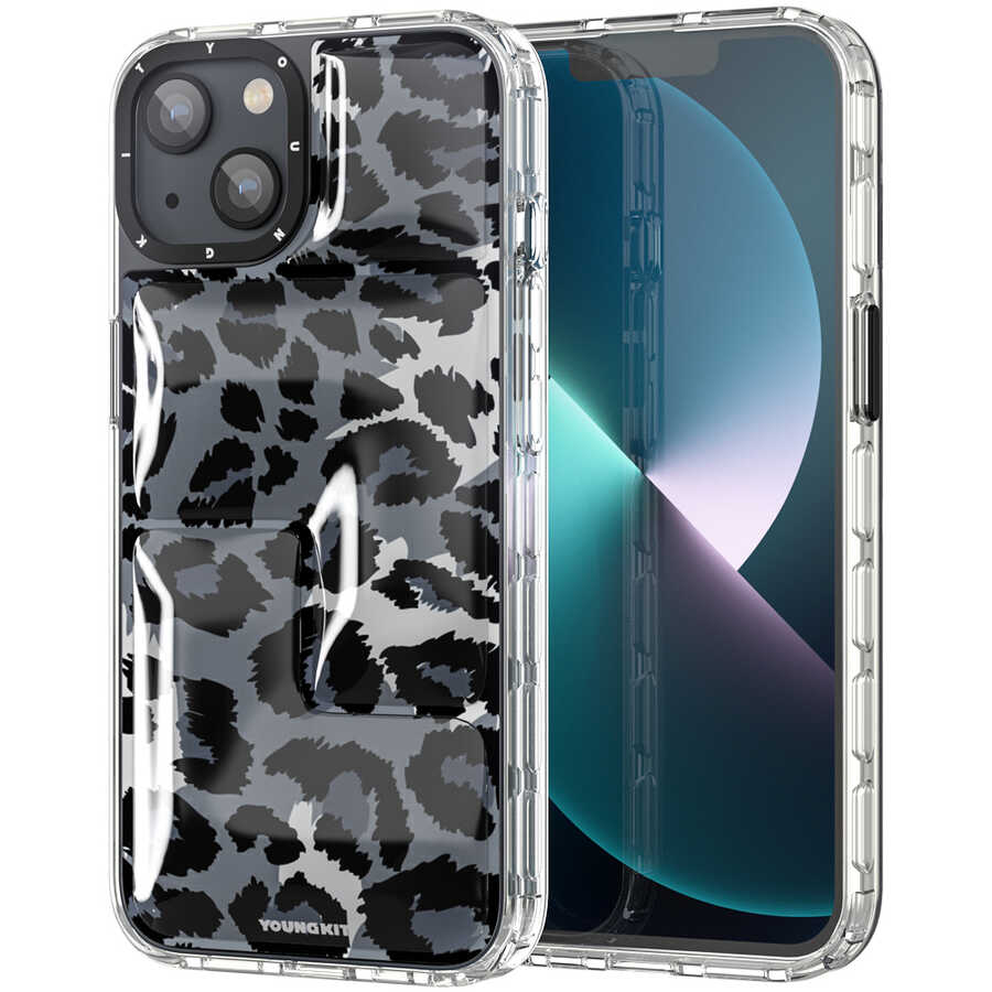 [RNZ-TA77088] Apple iPhone 13 Uyumlu Kılıf YoungKit Leopard Article Serisi Kapak (Siyah)