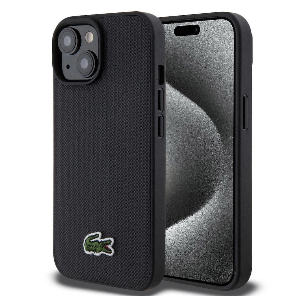 Apple iPhone 15 Uyumlu Kılıf Lacoste Orjinal Lisanslı PU Pike Desenli Arka Yüzey İkonik Timsah Dokuma Logolu Kapak