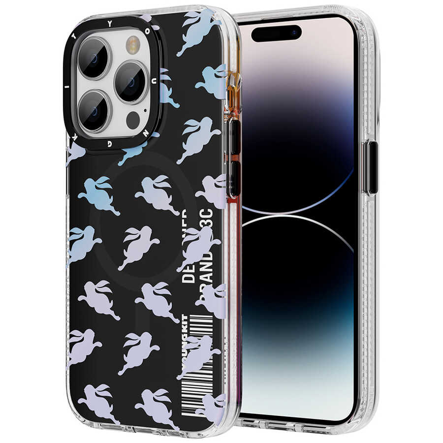 [RNZ-TA80307] Apple iPhone 14 Pro Uyumlu Kılıf M-safe Şarj Özellikli Youngkit Play Rabbit Serisi Kapak (Siyah)