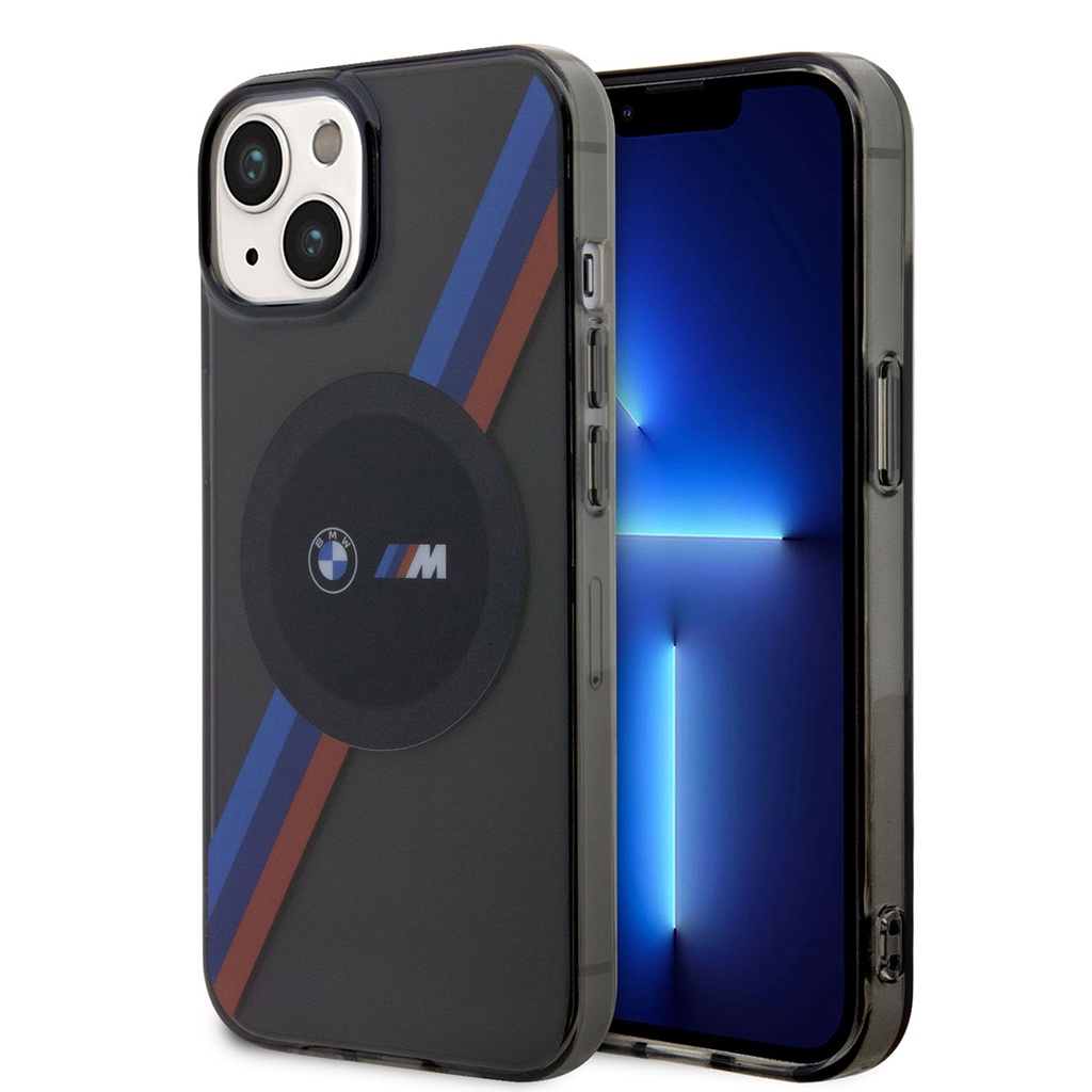 Apple iPhone 14 Uyumlu Kılıf BMW M-safe Şarj Özellikli Transparan 3 Renkli Şerit Dizayn Kapak