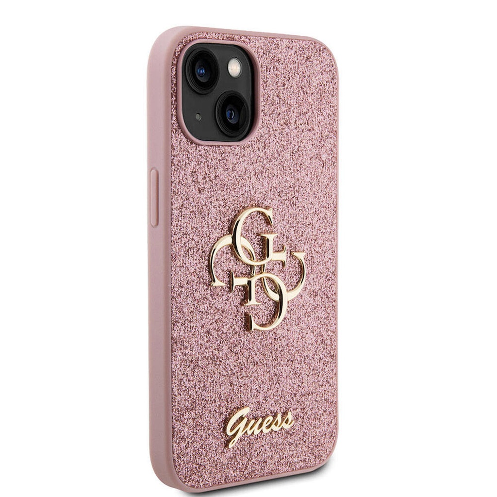 Apple iPhone 15 Uyumlu Kılıf Guess Orjinal Lisanslı 4G Büyük Metal Logolu Glitter Kapak