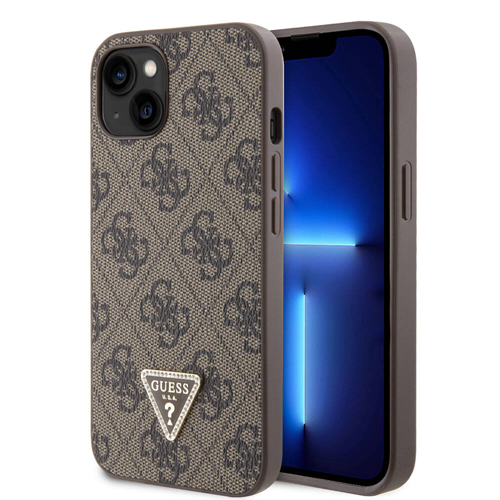 Apple iPhone 14 Uyumlu Kılıf Guess Orjinal Lisanslı PU Deri Taşlı Üçgen Logo 4G Desenli Kapak