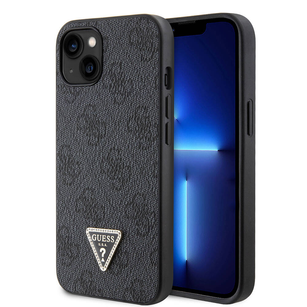 Apple iPhone 14 Uyumlu Kılıf Guess Orjinal Lisanslı PU Deri Taşlı Üçgen Logo 4G Desenli Kapak