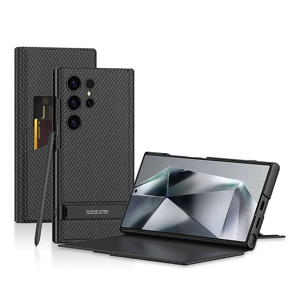 Samsung Galaxy S24 Ultra Uyumlu Kılıf Kamera Korumalı Karbon Tasarım Zore Droga Standlı Kartlıklı Kapaklı Kılıf