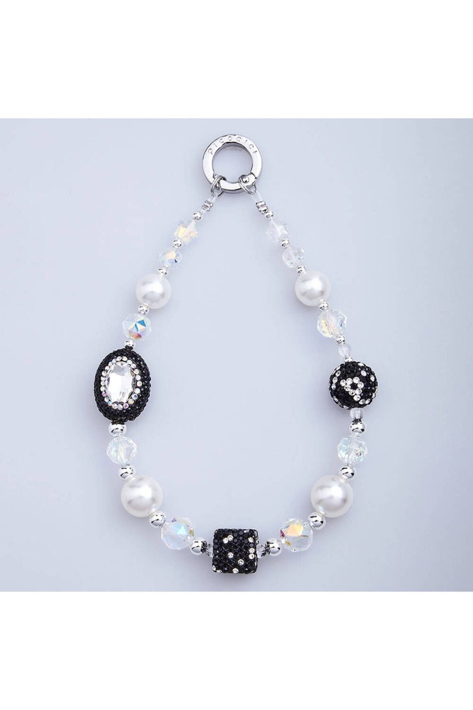 [RNZ-TA106084] Picocici Elmas Taş Tasarımlı Oval Pearl Telefon Bilek Askı İpi (Siyah)