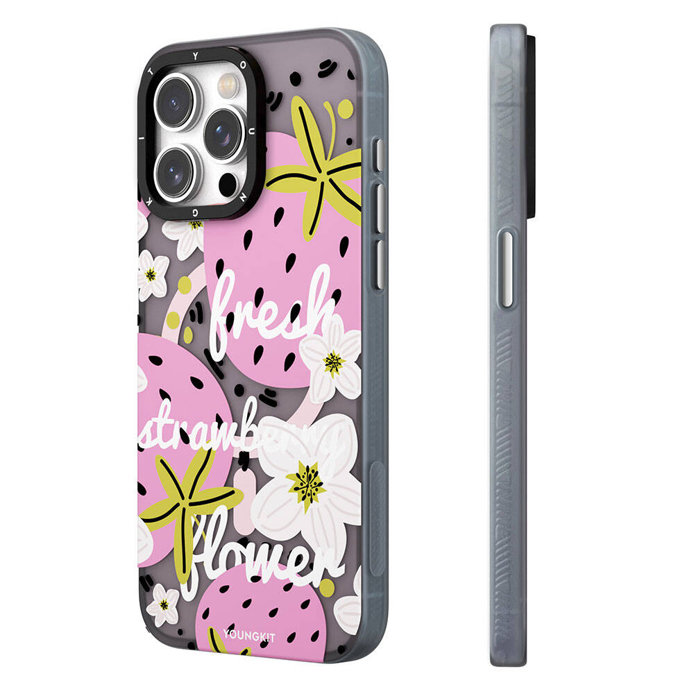 [RNZ-TA106534] Apple iPhone 15 Pro Uyumlu Kılıf M-safe Şarj Özellikli Yaz Meyvesi Desenli Youngkit Fruity Flavour Serisi Kapak (Pembe)