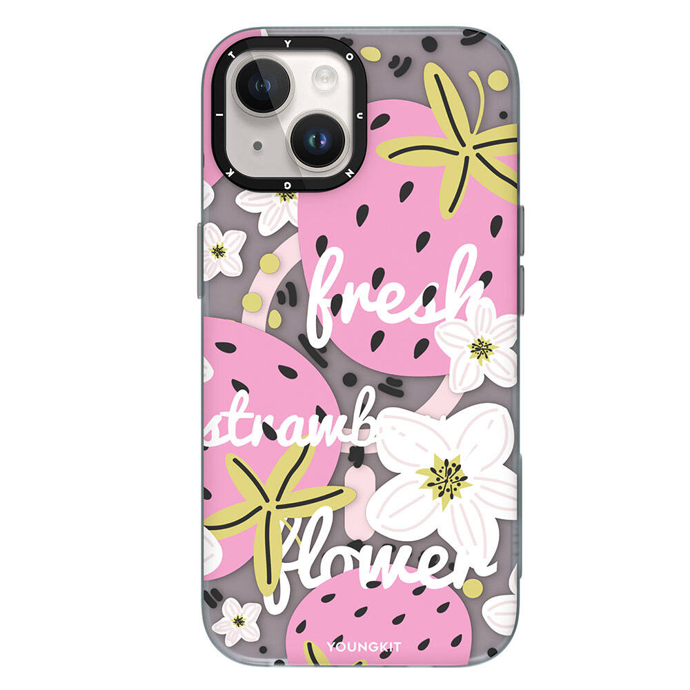 [RNZ-TA106531] Apple iPhone 15 Uyumlu Kılıf M-safe Şarj Özellikli Yaz Meyvesi Desenli Youngkit Fruity Flavour Serisi Kapak (Pembe)