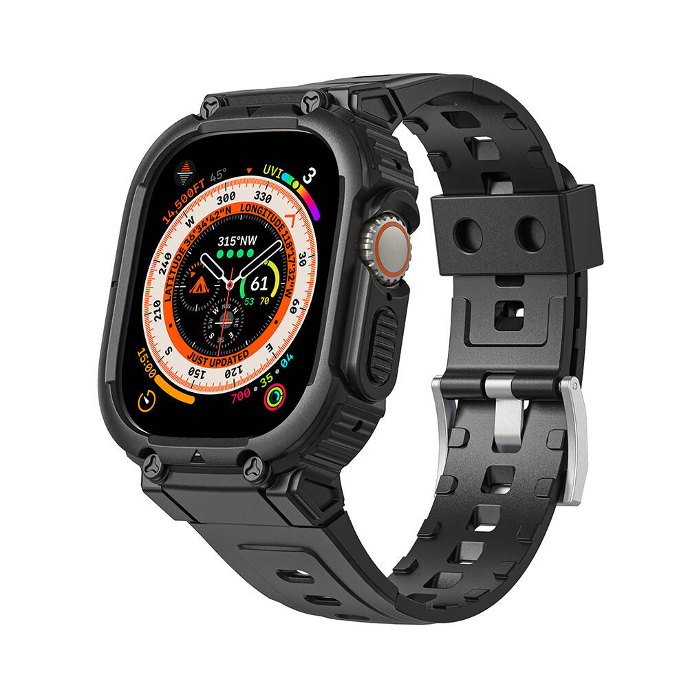 [RNZ-TA106498] Apple Watch Ultra 49mm Uyumlu Wiwu Wi-WB014 Armor Serisi 2in1 Sert PC Kasa Koruyuculu Silikon Kordon (Siyah)