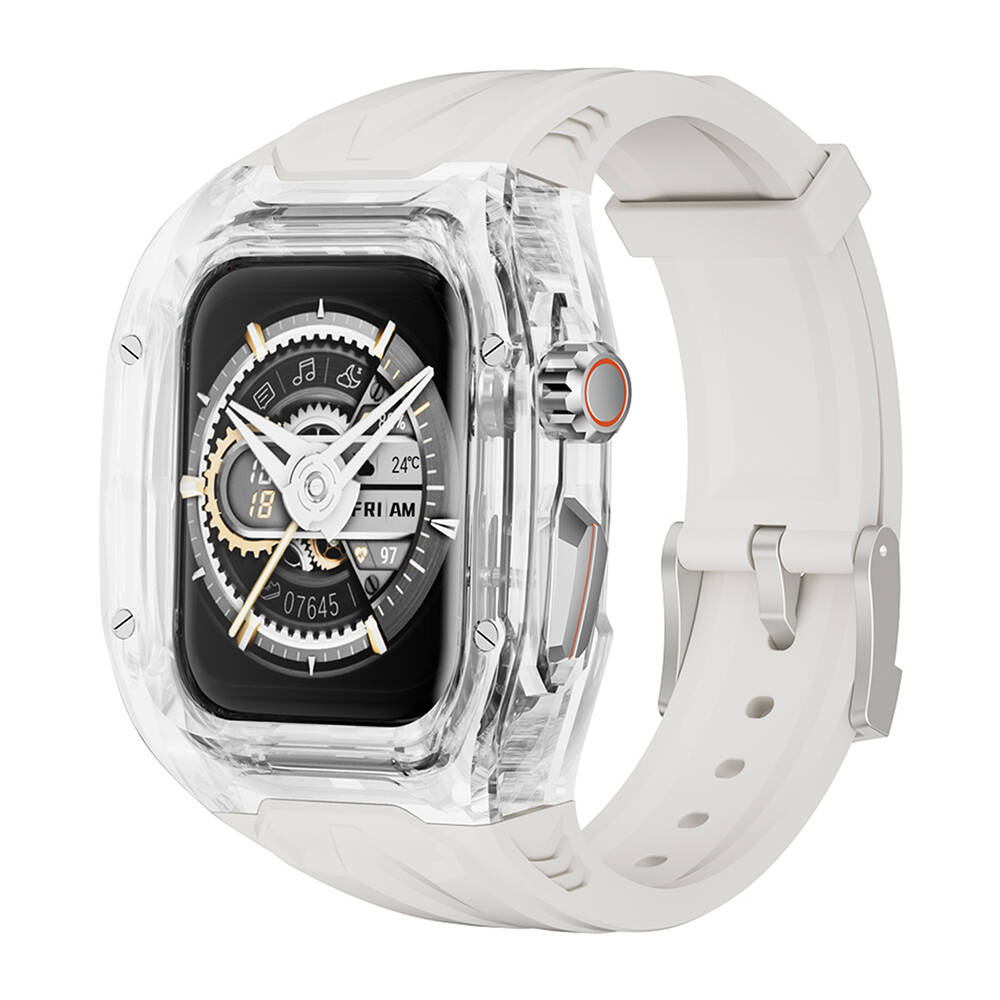 Apple Watch 44mm Uyumlu Wiwu Wi-WB013 Rambo Serisi 2in1 Şeffaf PC Kasa Koruyuculu Kauçuk Kordon